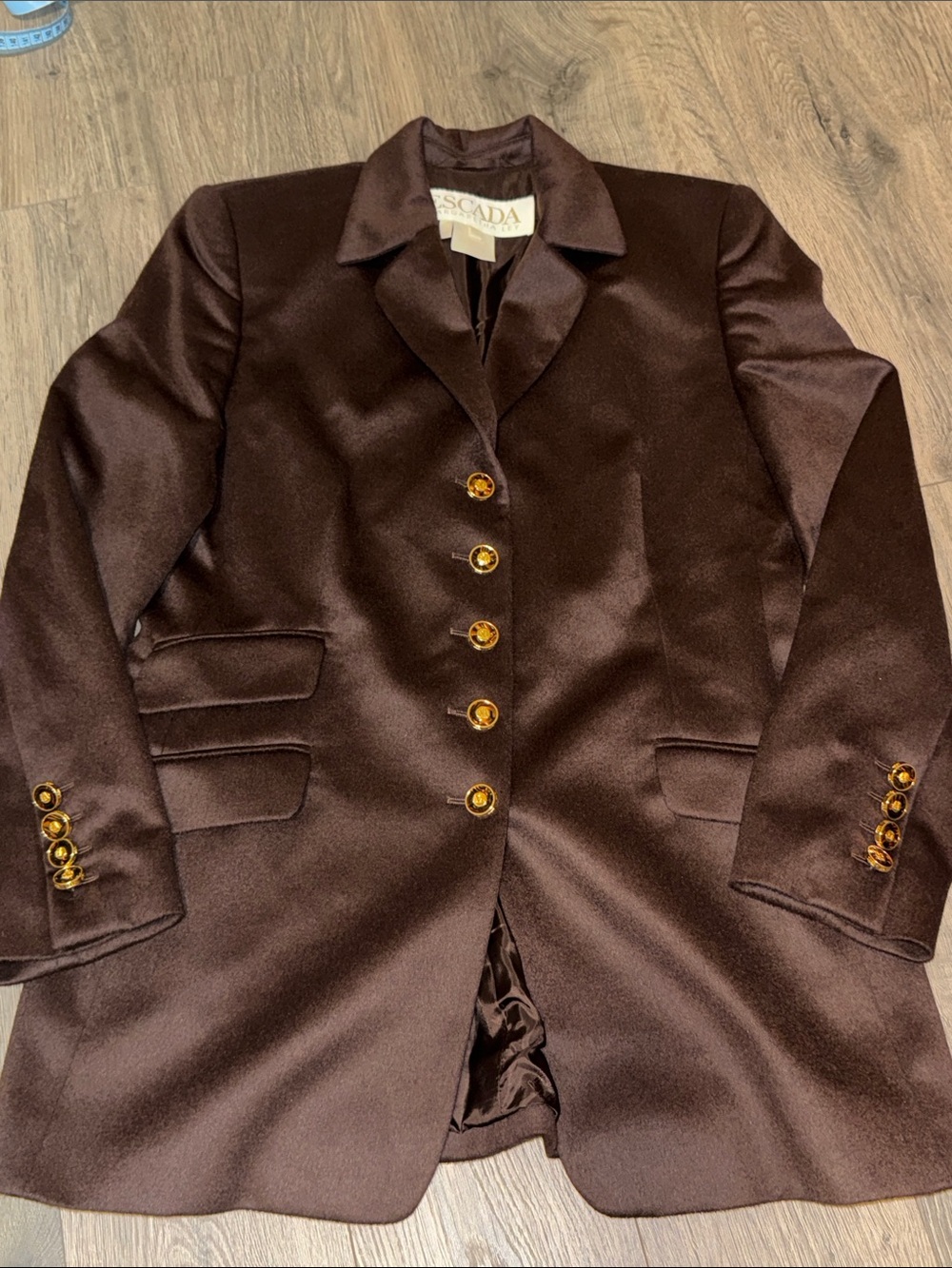 Escada Chocolate Brown Satin Blazer with Gold Buttons